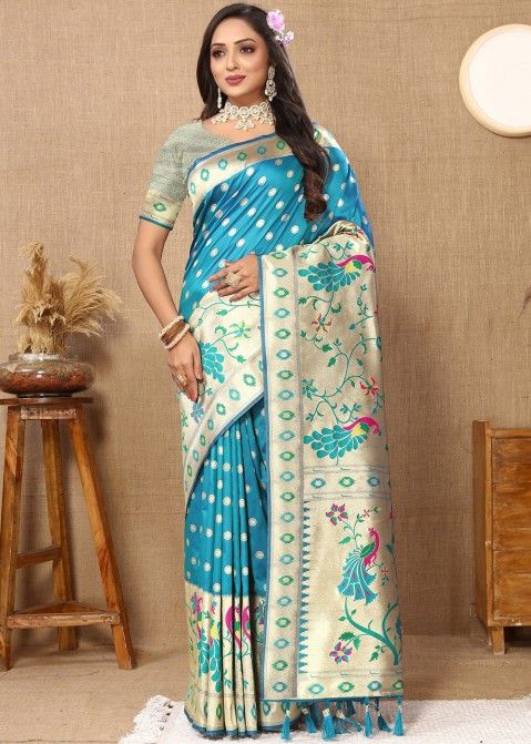 Blue Zari Woven Saree In Paithani Silk