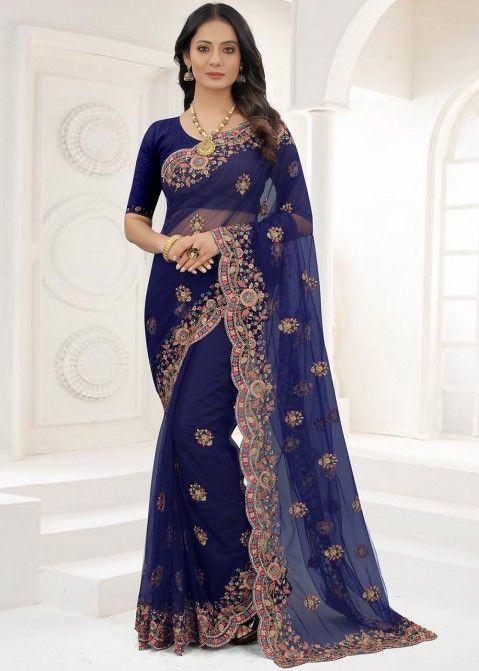 Blue Saree In Resham Embroidery