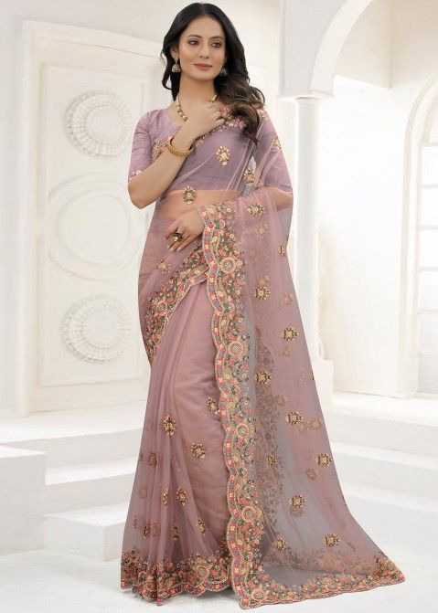 Dusty Pink Embroidered Net Saree