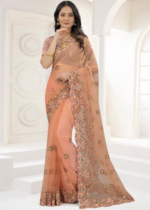 Dusty Peach Embroidered Net Saree & Blouse