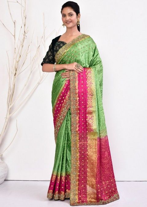 Green & Pink Handwork Saree In Kanjivaram Silk