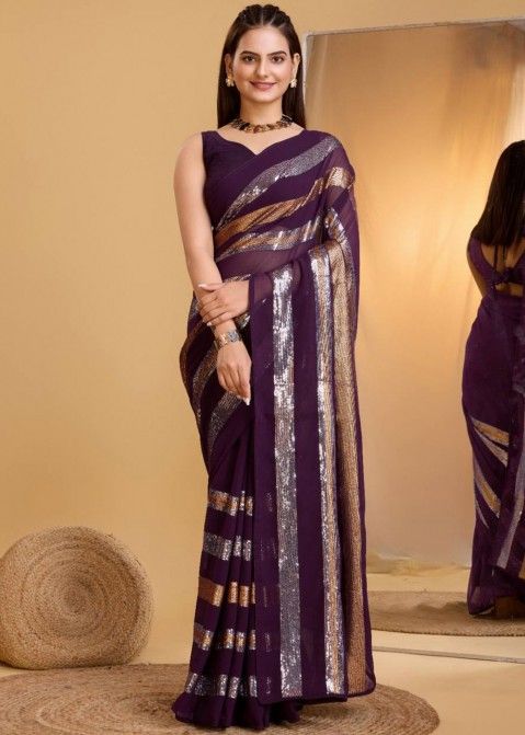 Purple Sequins Embroidered Saree In Georgette