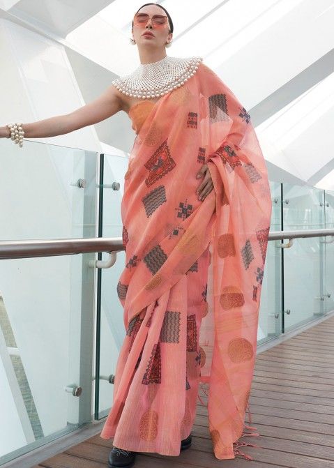 Peach Digital Printed Saree In Tissue Silk