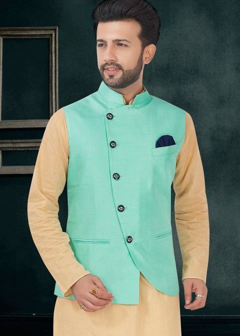 Turquoise Readymade Nehru Jacket In Silk