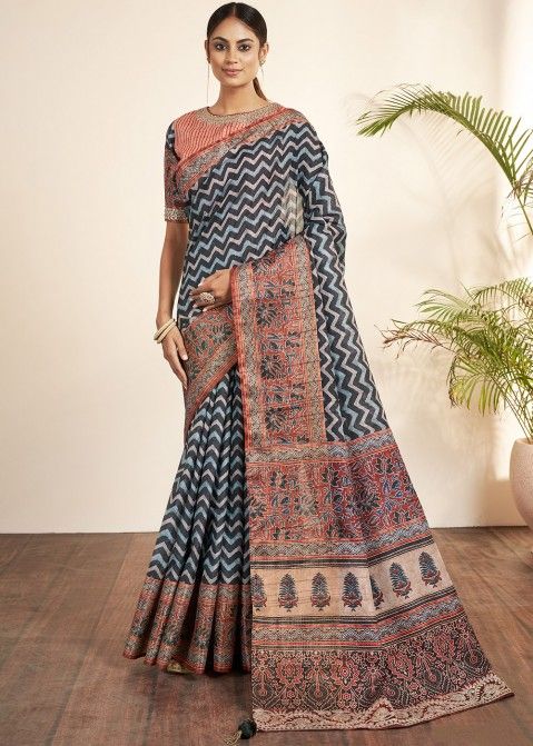 Blue Printed Saree In Art Silk