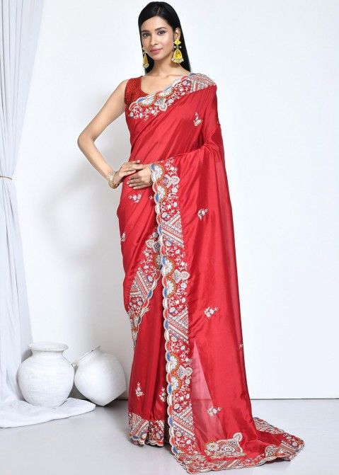 Red Thread Embroidered Saree In Crape