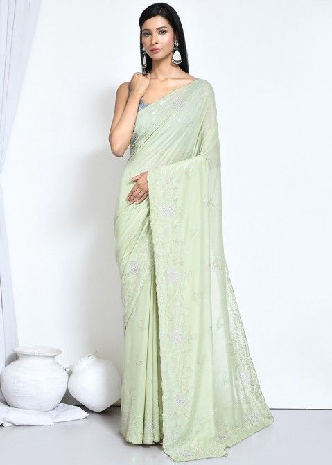 Pastel Green Embroidered Saree In Crape