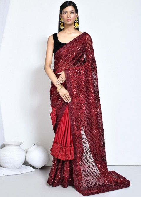 Red Embellished Saree In Art Silk