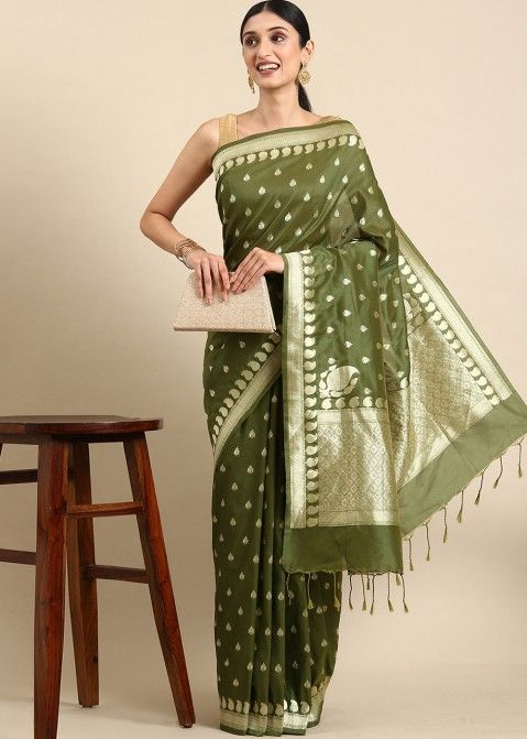 Green Zari Woven Saree In Cotton
