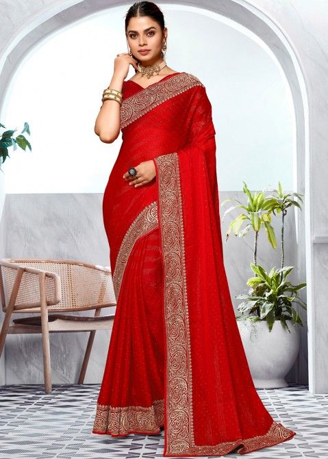 Red Stone Embellished Saree In Art Silk