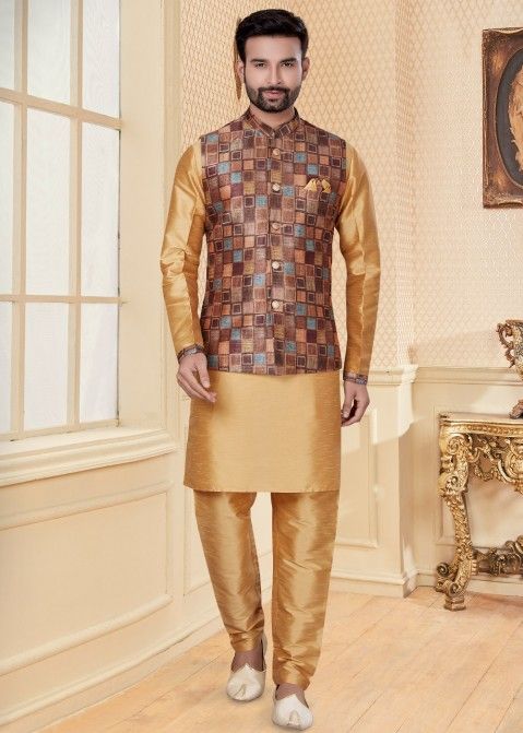 Readymade Golden Kurta Pyjama With Nehru Jacket