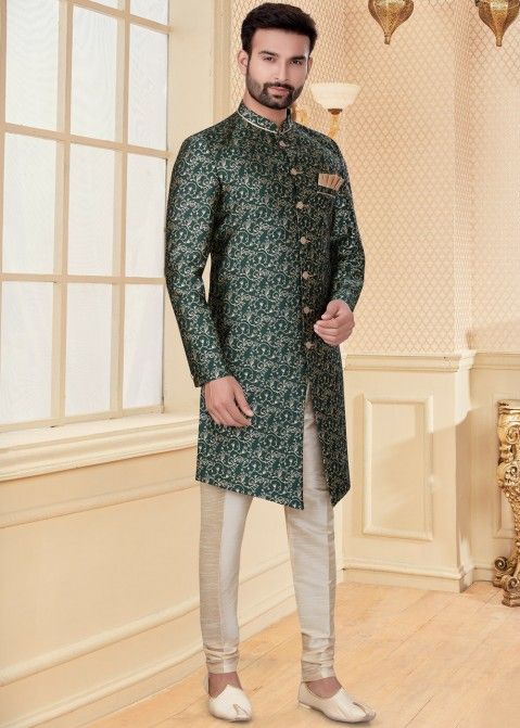 Embroidered Green Readymade Sherwani For Men With Churidar Online Shopping