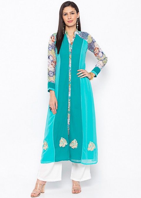 Turquoise Readymade Georgette Front Slit Long Kurta