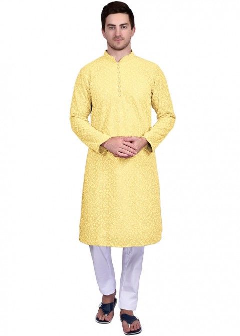 Readymade Yellow Chikankari Embroidered Kurta Pyjama
