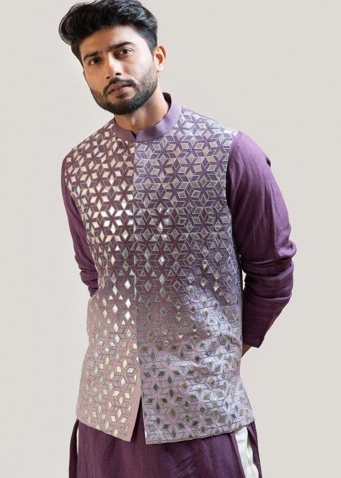 Purple Readymade Gota Embroidered Modi Jacket 