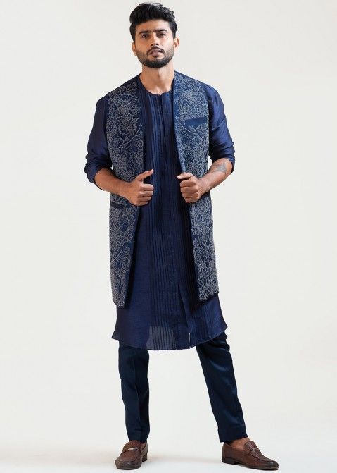 Blue Readymade Kurta Pajama With Embroidered Jacket