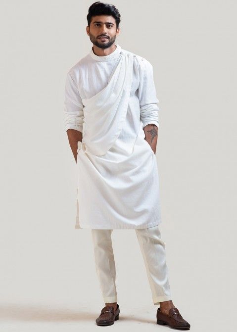Readymade White Overlapped Cowl Style Kurta Pajama