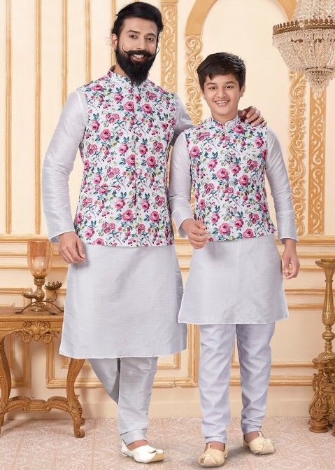 White Readymade Father & Son Kurta Pajama In Silk