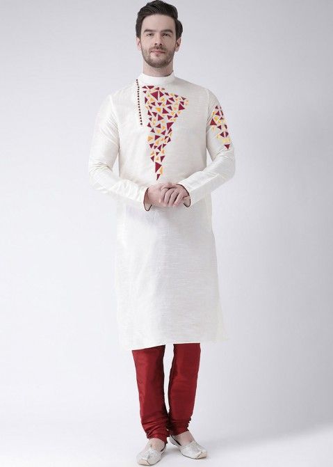 White Readymade Embroidered Kurta With Churidar