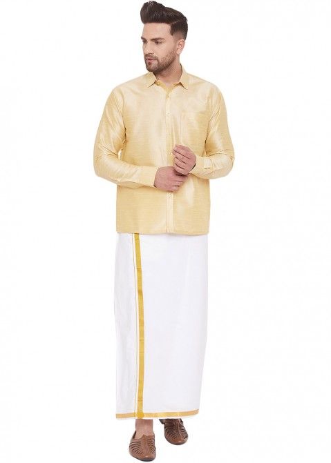 Readymade Beige Full Sleeved Dhoti With Shirt