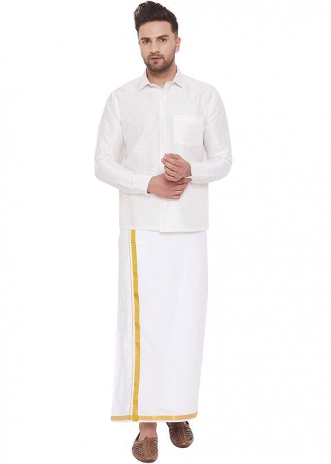Readymade White Full Sleeved Shirt And Dhoti Set