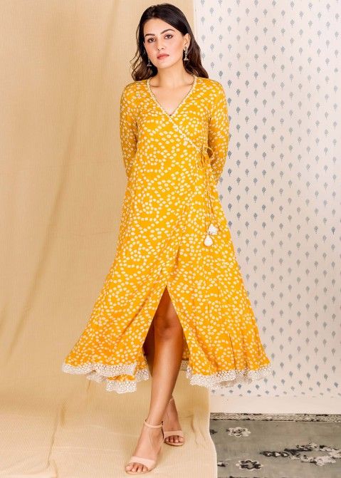 Yellow Cotton Printed Angrakha Style Tiered Ethnic Dress – SCAKHI