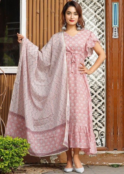 Pink Readymade Block Printed Women Kurti Online Shopping With Dupatta