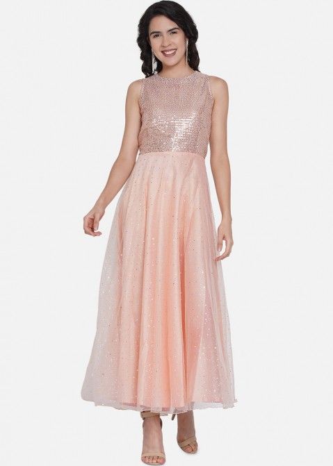 Peach Sequins Embroidered Readymade Net Dress