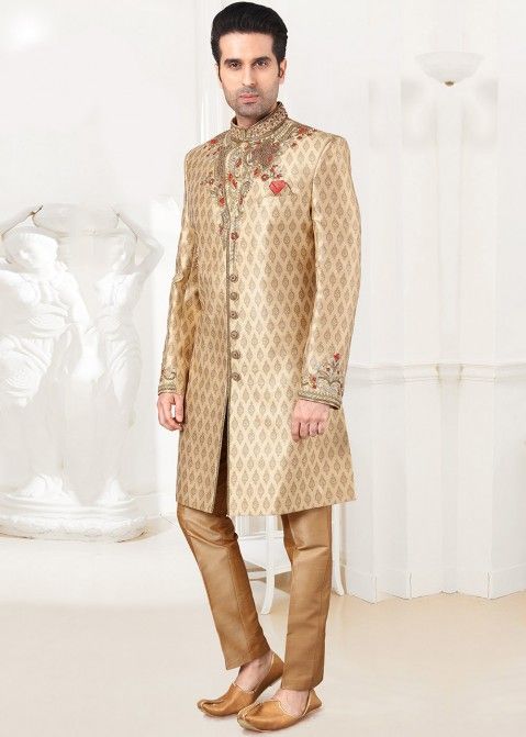 Golden Readymade Groom Sherwani With Heavy Embroidery