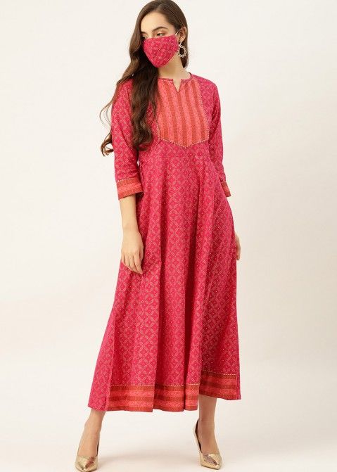 Readymade Printed Anarkali Cotton Kurti In Pink