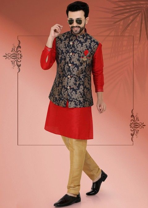 Readymade Red Kurta Churidaar With Floral Jacket