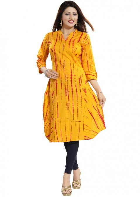 Buy Partywear Mustard Kurta with Chanderi Silk Printed  Jaipur Kurti
