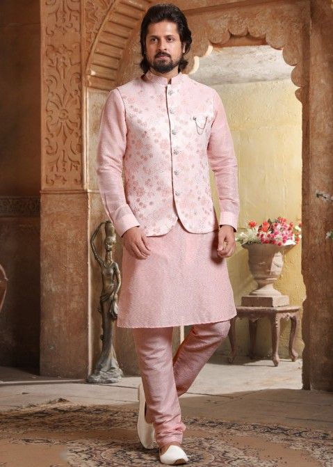 Readymade Pink Kurta Pajama Set In Art Silk
