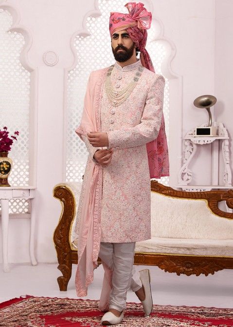 Exotic Wedding Wear Pink & White Colour Lehenga Choli & Sherwani Couple  Combo | Indian bridal wear, Wedding dresses romantic tulle, Indian groom  wear