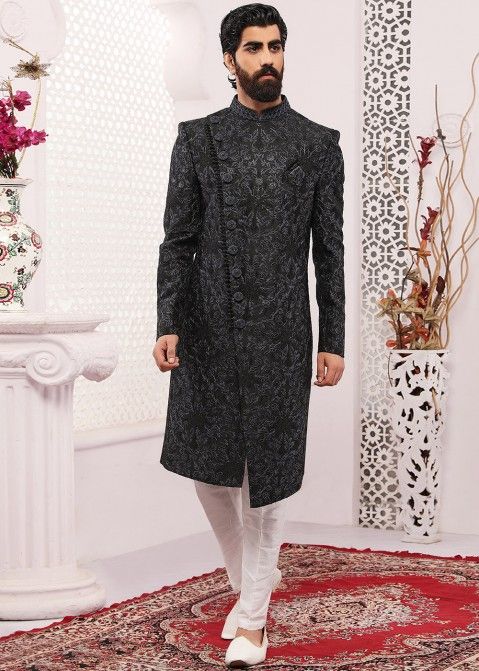 Shop Black Chikankari Embroidered Silk Readymade Wedding Sherwani Online USA