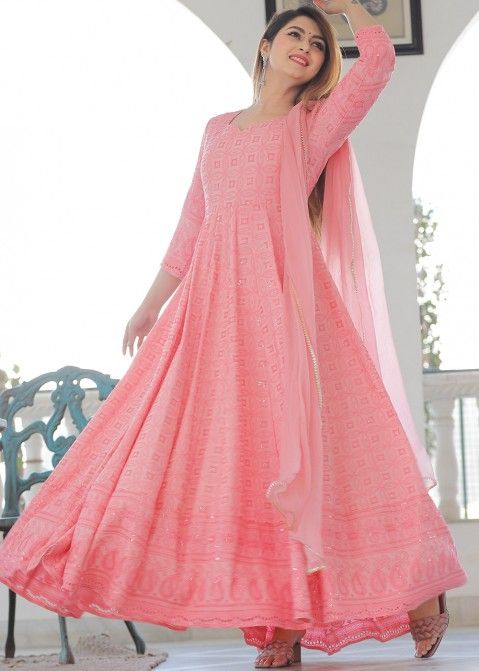 Pink Chikankari Embroidered Anarkali Style Long Kurta