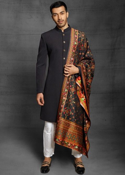 Readymade Black Rayon Wedding Sherwani Set For Men Online USA | Panash India