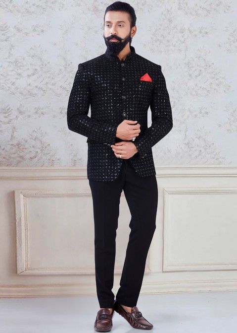 Buy Black Bandhgala Luxury Velvet Solid Set For Men by Manish Nagdeo Online  at Aza Fashions.