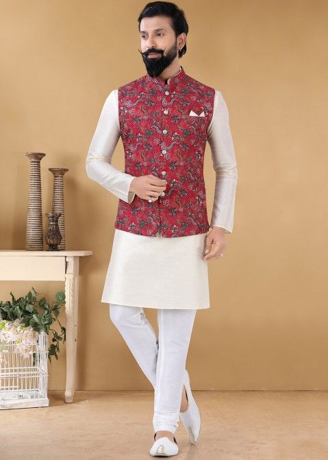 Off White Kurta Pajama With Nehru Jacket In Silk