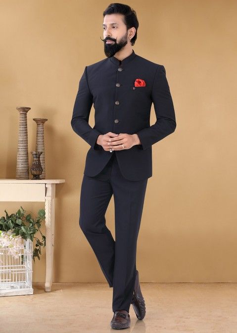 Buy Black Terrycot Button Down Bandhgala And Pant Set For Men by Smriti by  Anju Agarwal Online at Aza Fashions.