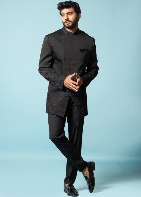 Black Crepe Wool Bandhgala Jacket Set Design by Tarun Tahiliani Men at  Pernia's Pop Up Shop 2024