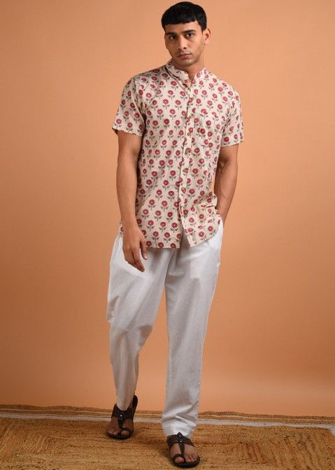 Cream Readymade Floral Block Print Shirt Style Best Kurta For Men
