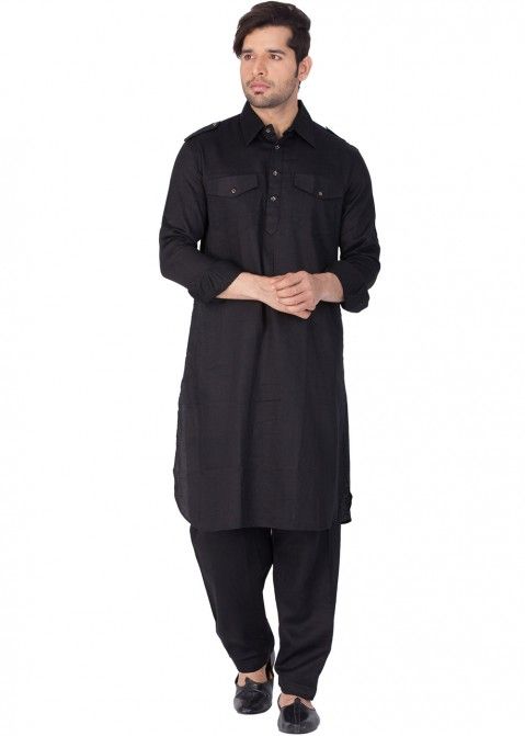 Black Ikat Silk Pathani Suit- Frontier Raas