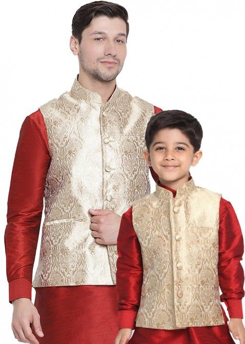 Readymade Father & Son Golden Woven Nehru Jacket