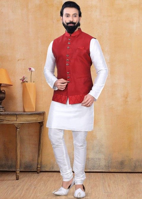 White Readymade Kurta Churidar & Nehru Jacket