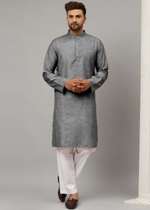 Grey Readymade Plain Kurta Pajama In Satin