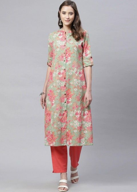 Women Floral Printed Shirt Collar Kurta With Trousers– Inddus.in