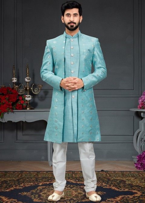 Blue Indo Western Sherwani With Embroidered Wedding Nehru Jacket Online