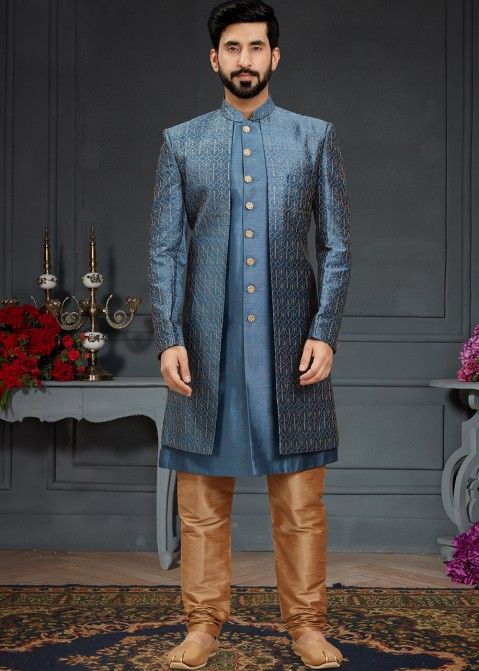 Blue Embroidered Indo Western Sherwani & Wedding Nehru Jacket Online