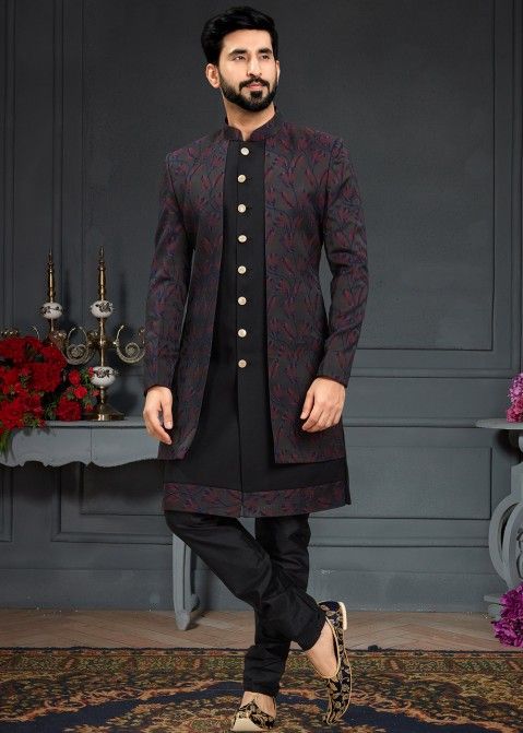 Designer Black Indo Western Sherwani With Woven Nehru Jacket USA UK